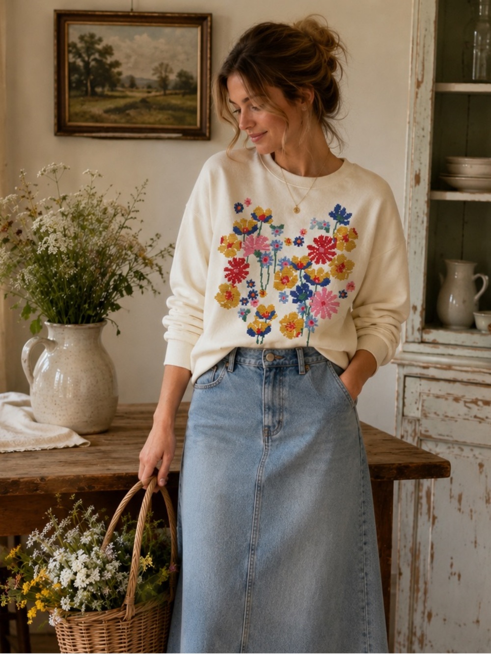ZARA Cross Stitch Floral Embroidered Sweatshirt L Cream Cottage Core Fall Boho